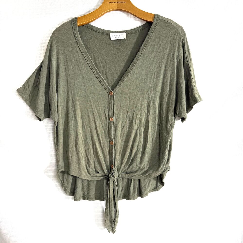 V Neck Button Self Tie Cupro Top - L - Vintage Boho Cottagecore Y2K